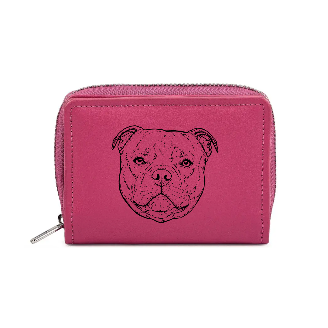 Staffordshire Bull Terrier Face Engraved Small Leather Purse (Green/Pink/Blue/Red)