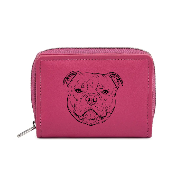Staffordshire Bull Terrier Face Engraved Small Leather Purse (Green/Pink/Blue/Red)