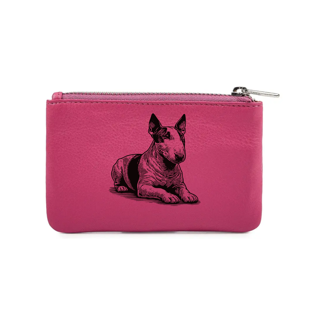English Bull Terrier Lying Down Engraved Genuine Leather Coin Purse (Multiple Colour Options)