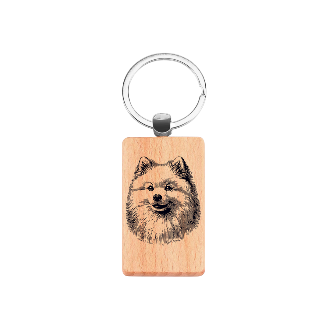 Japanese Spitz Face Engraved Rectangle Wooden Keyring