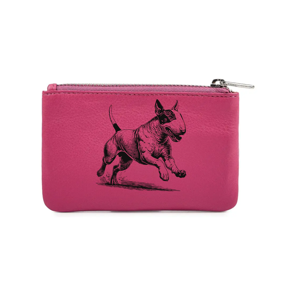 English Bull Terrier Running Engraved Genuine Leather Coin Purse (Multiple Colour Options)