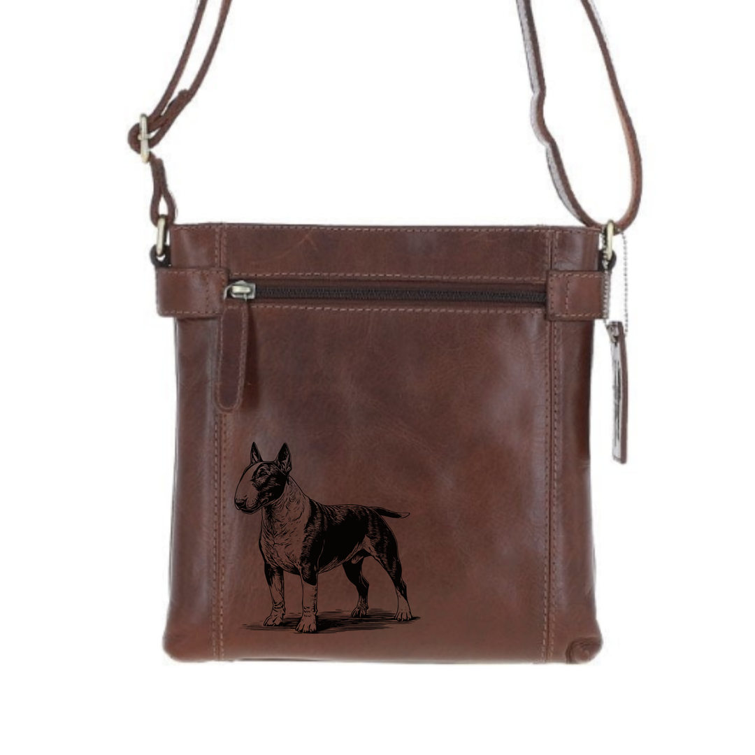 English Bull Terrier Standing Engraved Leather Two Section Zip Top Crossbody Bag