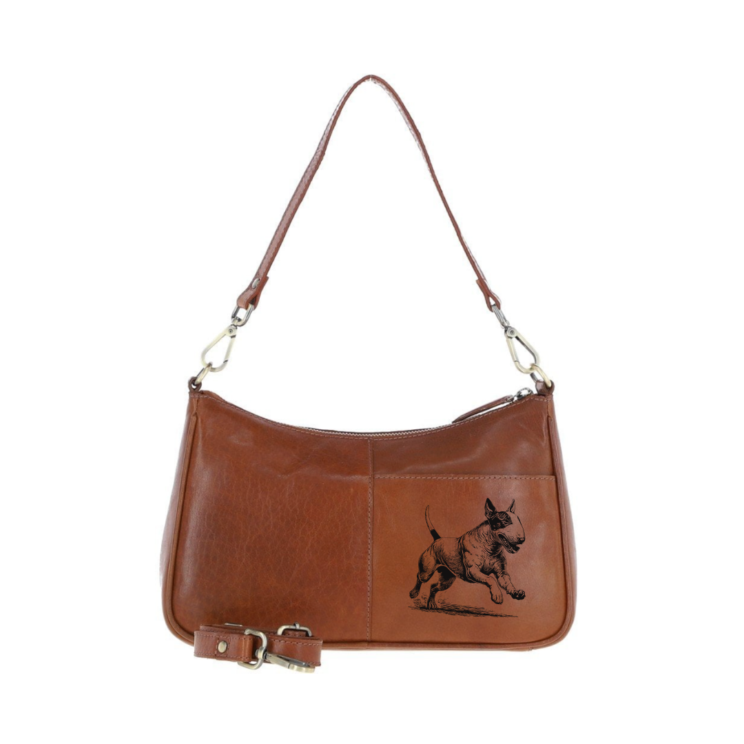 English Bull Terrier Running Engraved Genuine Leather Shoulder Bag