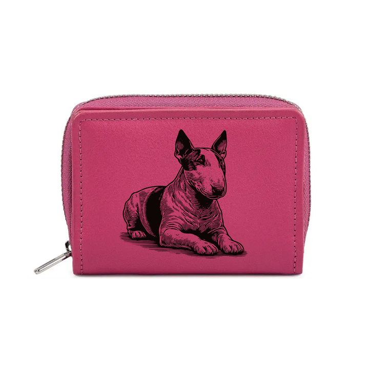 English Bull Terrier Lying Down Engraved Small Leather Purse (Green/Pink/Blue/Red)