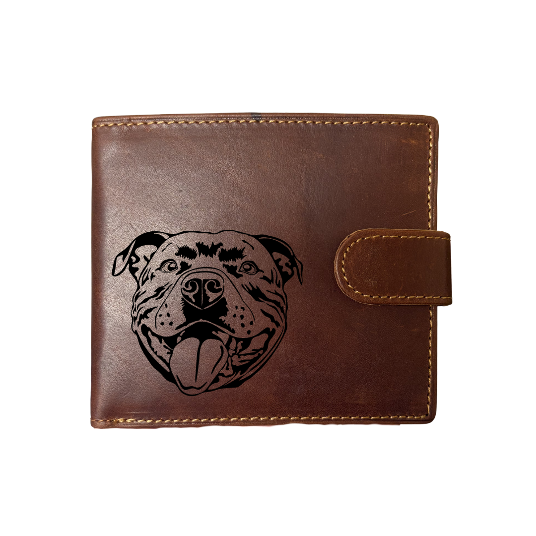 Personalised Staffordshire Bull Terrier Smiling Face Engraved Dark Tan Genuine Leather Wallet