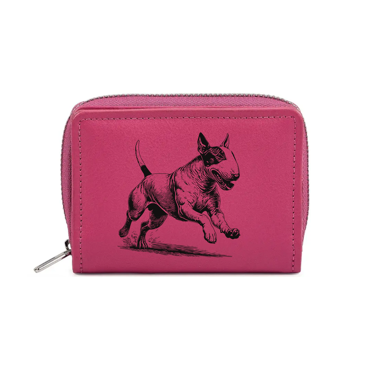 English Bull Terrier Running Engraved Small Leather Purse (Green/Pink/Blue/Red)