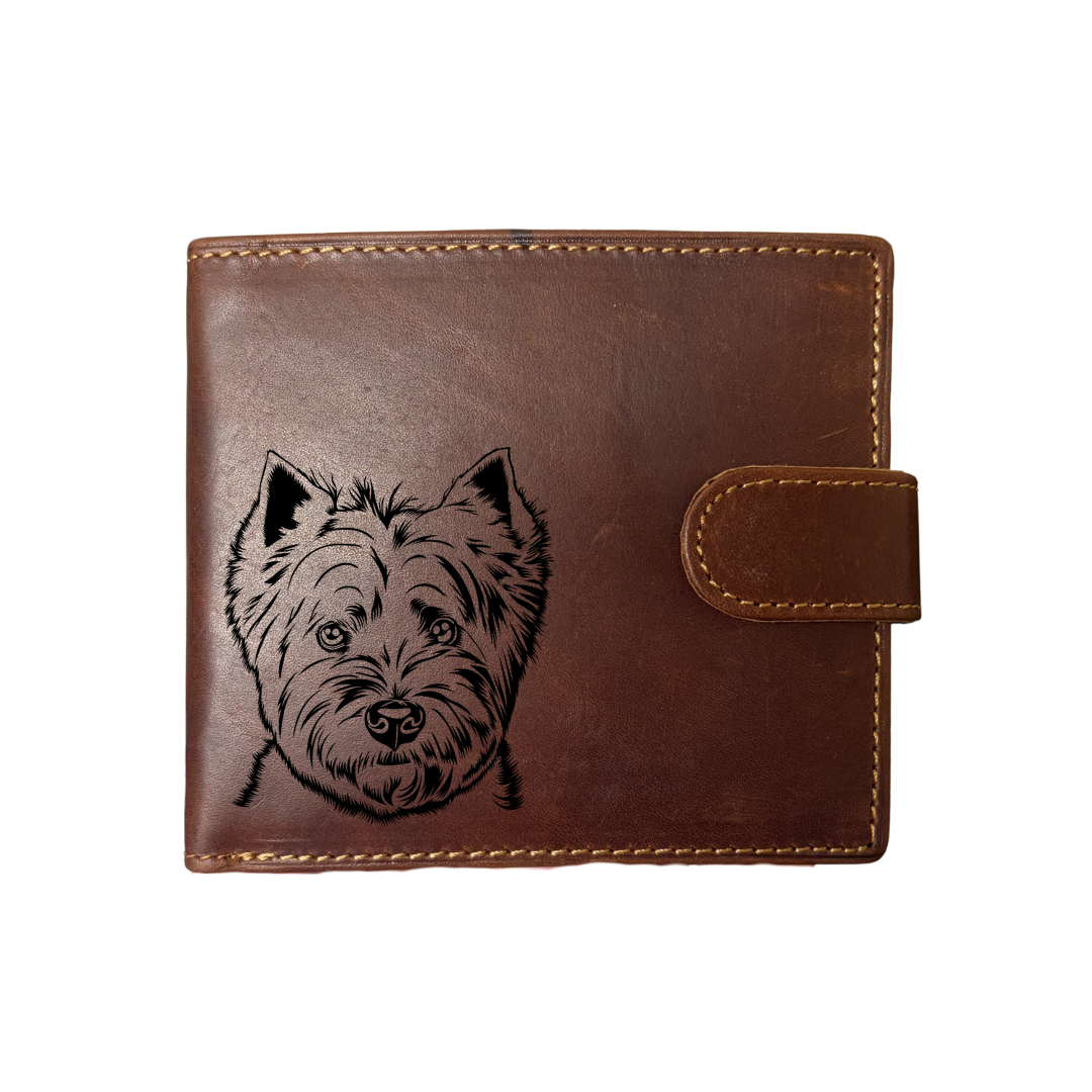 Personalised West Highland White Terrier Face Engraved Dark Tan Genuine Leather Wallet