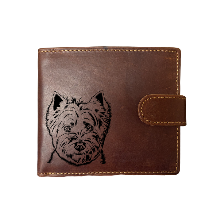 Personalised West Highland White Terrier Face Engraved Dark Tan Genuine Leather Wallet