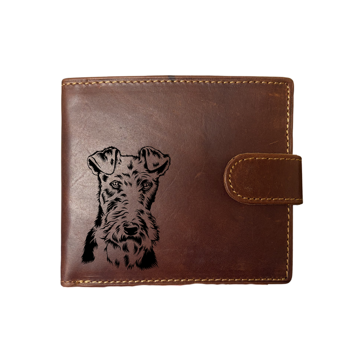 Personalised Wire Fox Terrier Face Engraved Dark Tan Genuine Leather Wallet
