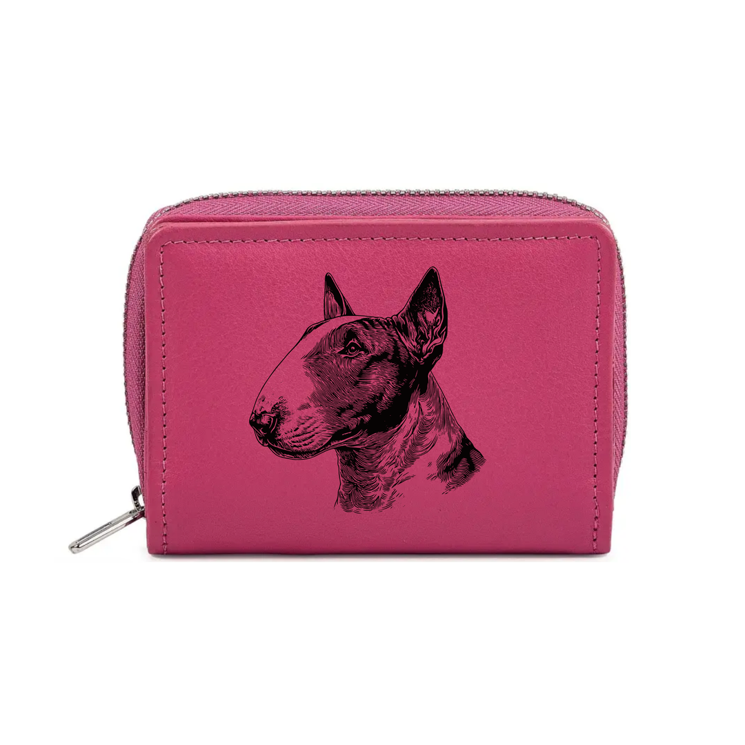 English Bull Terrier Face Engraved Small Leather Purse (Green/Pink/Blue/Red)