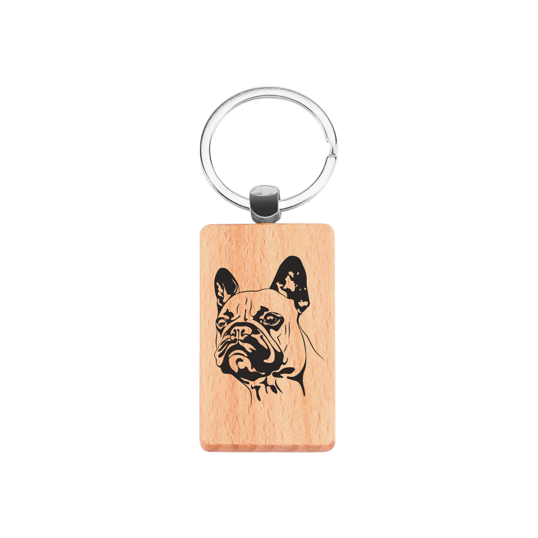 French Bulldog Face Engraved Rectangle Wooden Keyring
