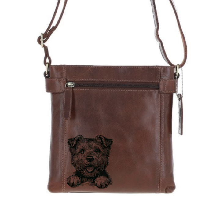 Norfolk Terrier Paws Engraved Leather Two Section Zip Top Crossbody Bag