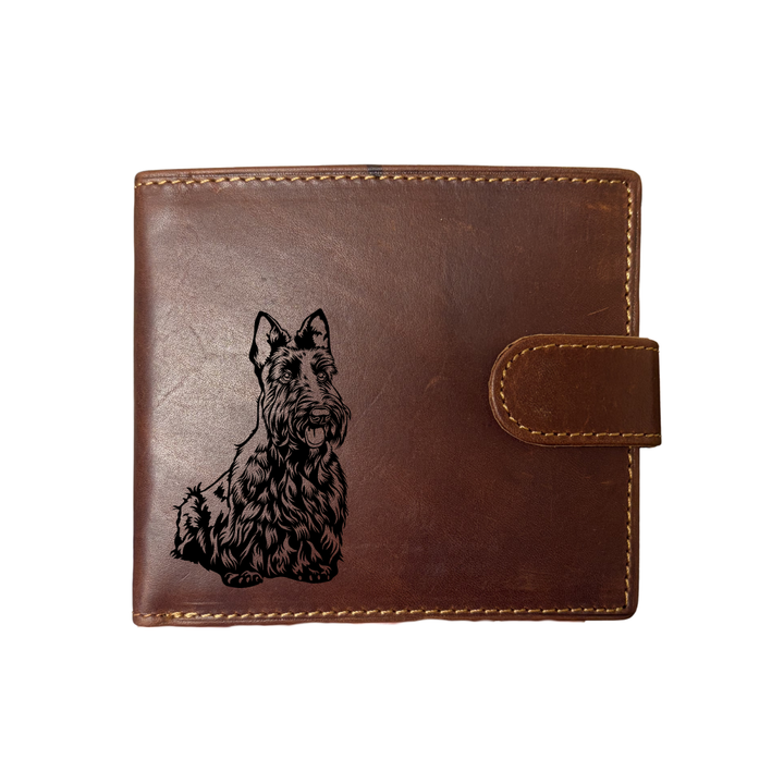 Personalised Scottish Terrier Sitting Engraved Dark Tan Genuine Leather Wallet