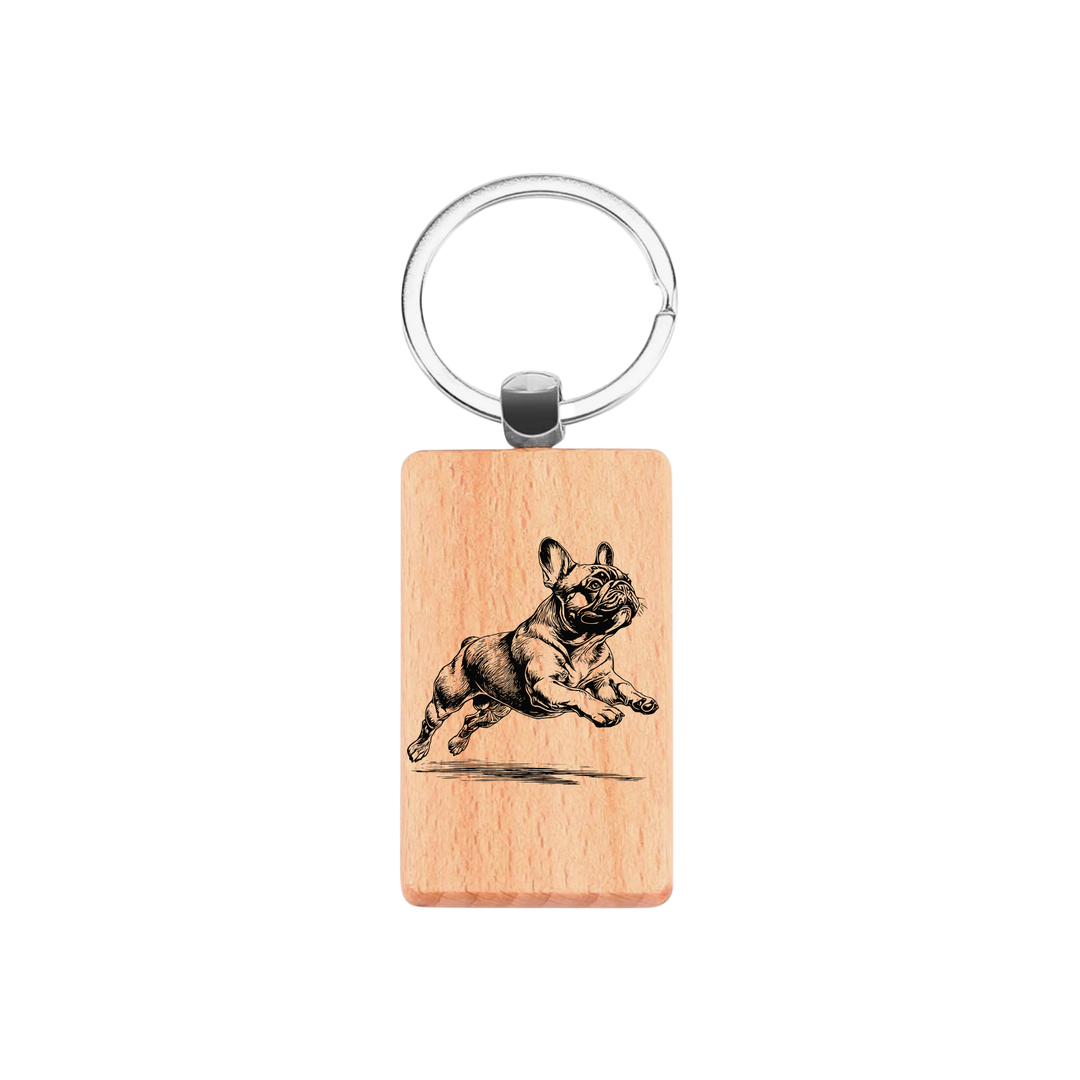 French Bulldog Running Engraved Rectangle Wooden Keyring