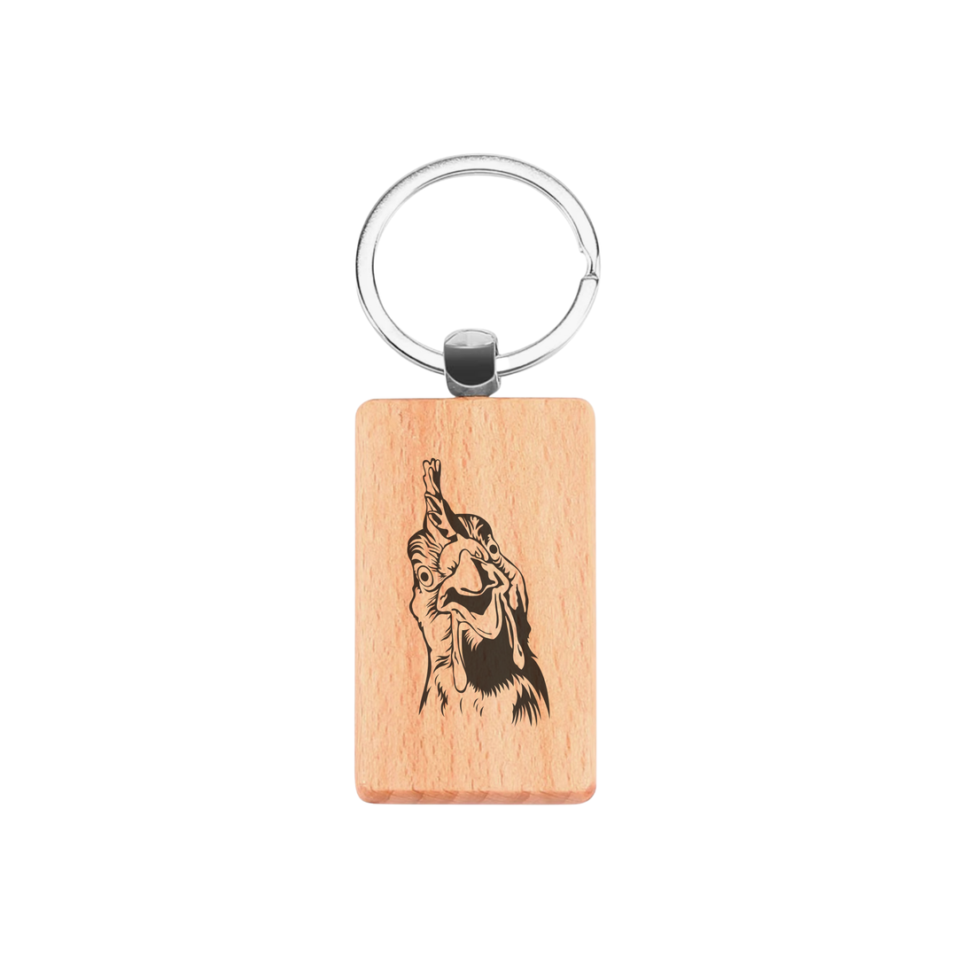 Chicken Face Engraved Rectangle Wooden Keyring