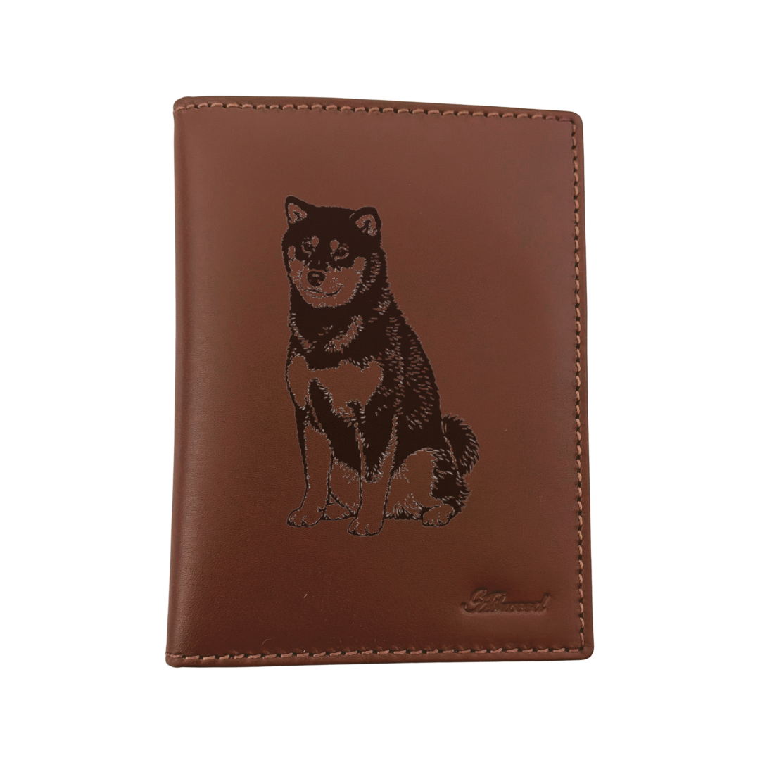 Japanese Shiba-Inu Sitting Engraved Leather Passport Cover