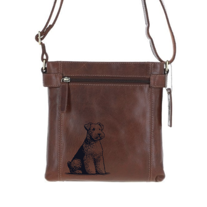 Lakeland Terrier Sitting Engraved Leather Two Section Zip Top Crossbody Bag