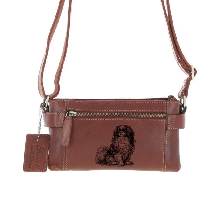 Personalised Japanese Chin Sitting Engraved Small Leather Two Section Zip Top Crossbody Bag