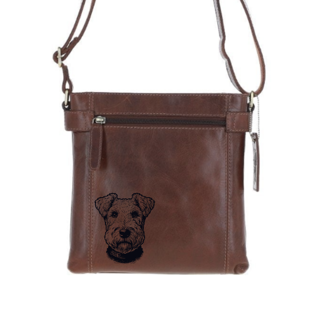 Lakeland Terrier Face Engraved Leather Two Section Zip Top Crossbody Bag