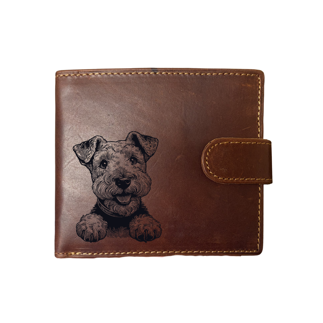 Personalised Lakeland Terrier Paws Engraved Dark Tan Genuine Leather Wallet