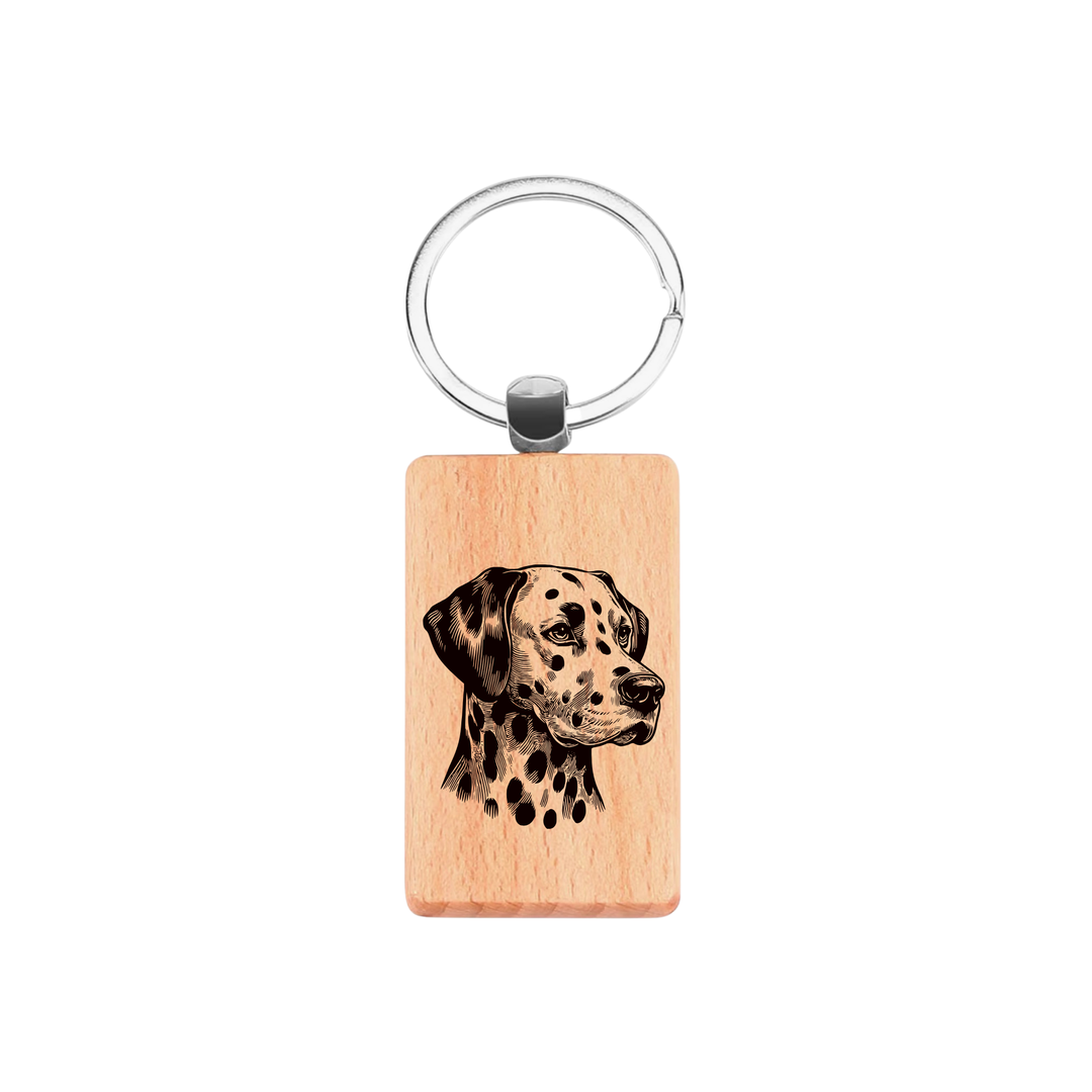 Dalmatian Face Engraved Rectangle Wooden Keyring