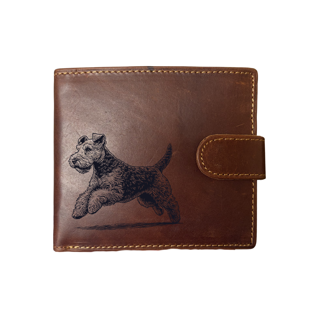 Personalised Lakeland Terrier Running Engraved Dark Tan Genuine Leather Wallet
