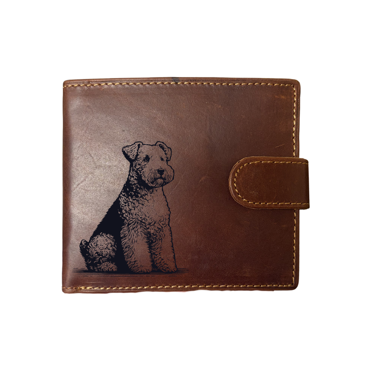 Personalised Lakeland Terrier Sitting Engraved Dark Tan Genuine Leather Wallet