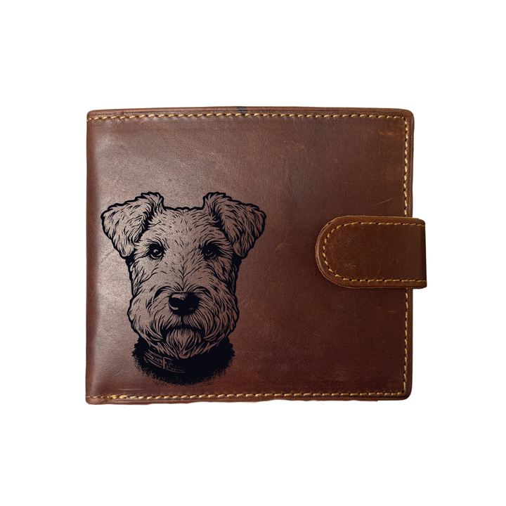 Personalised Lakeland Terrier Face Engraved Dark Tan Genuine Leather Wallet