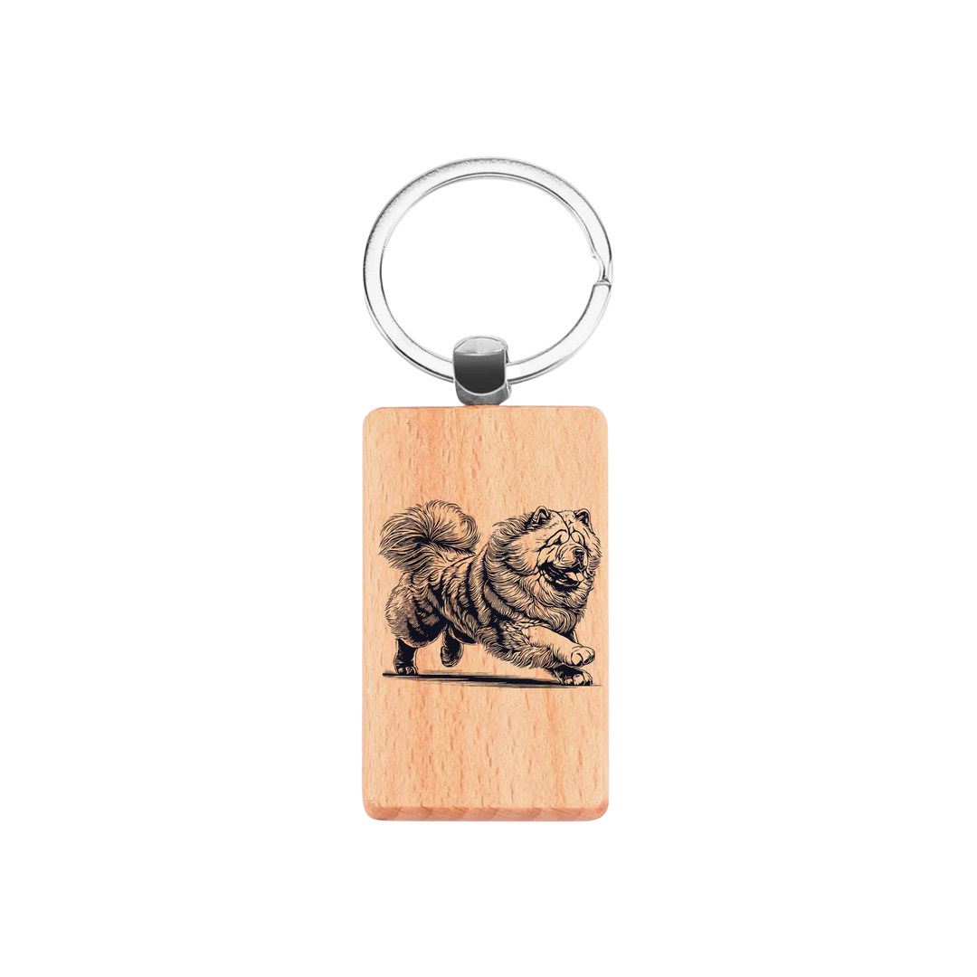Chow Chow Running Engraved Rectangle Wooden Keyring