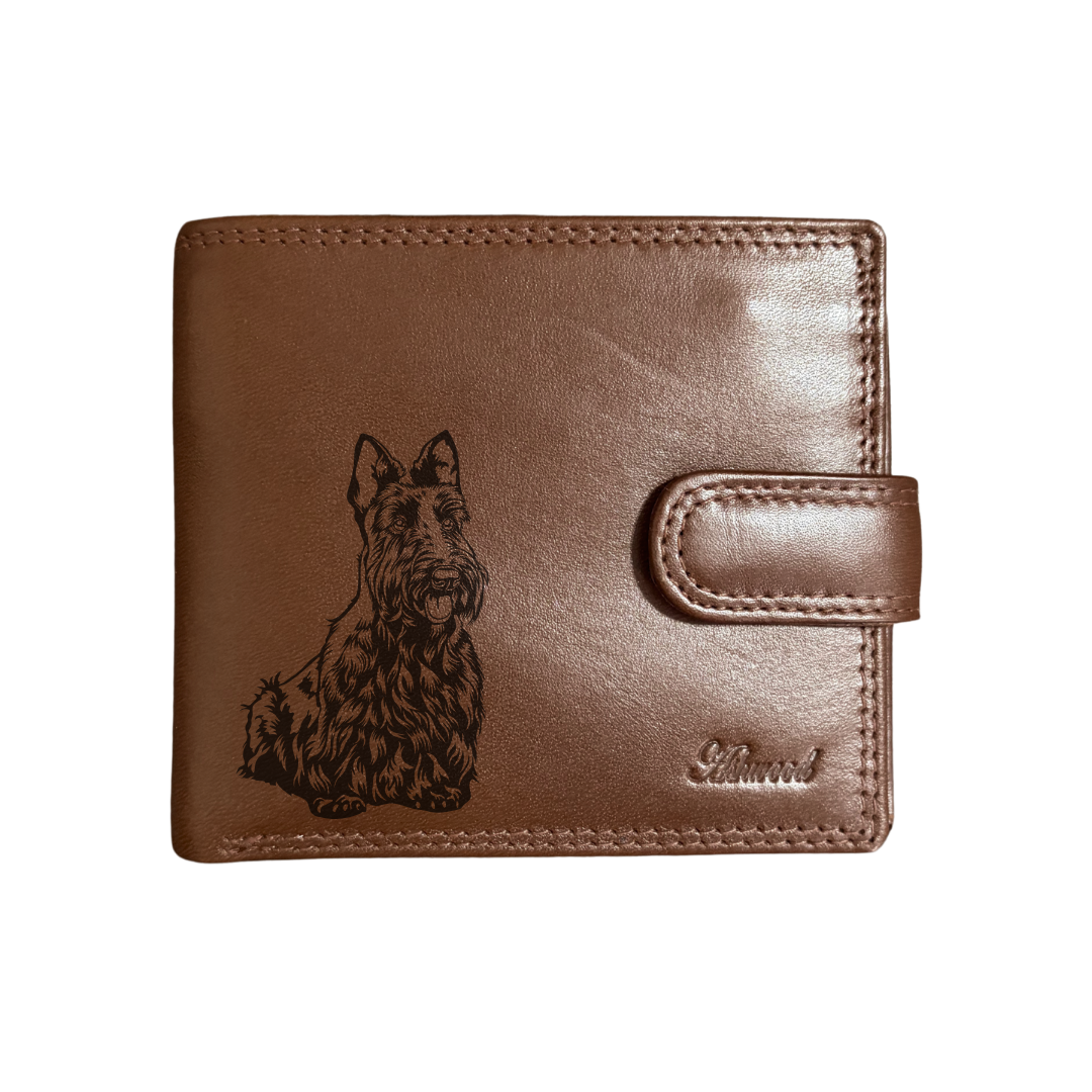 Personalised Scottish Terrier Sitting Engraved Dark Tan Genuine Leather Wallet