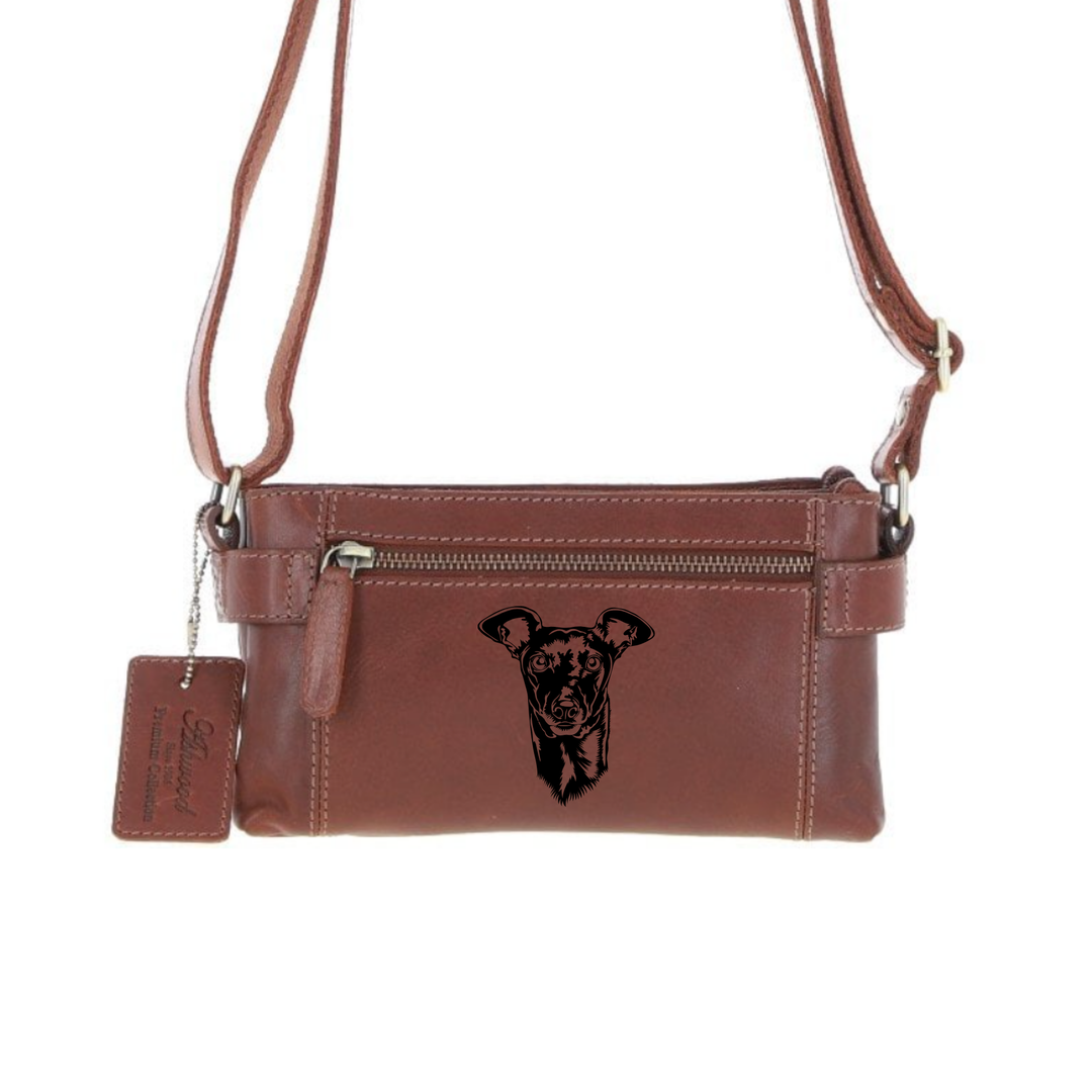 Personalised Italian Greyhound Face Engraved Small Leather Two Section Zip Top Crossbody Bag