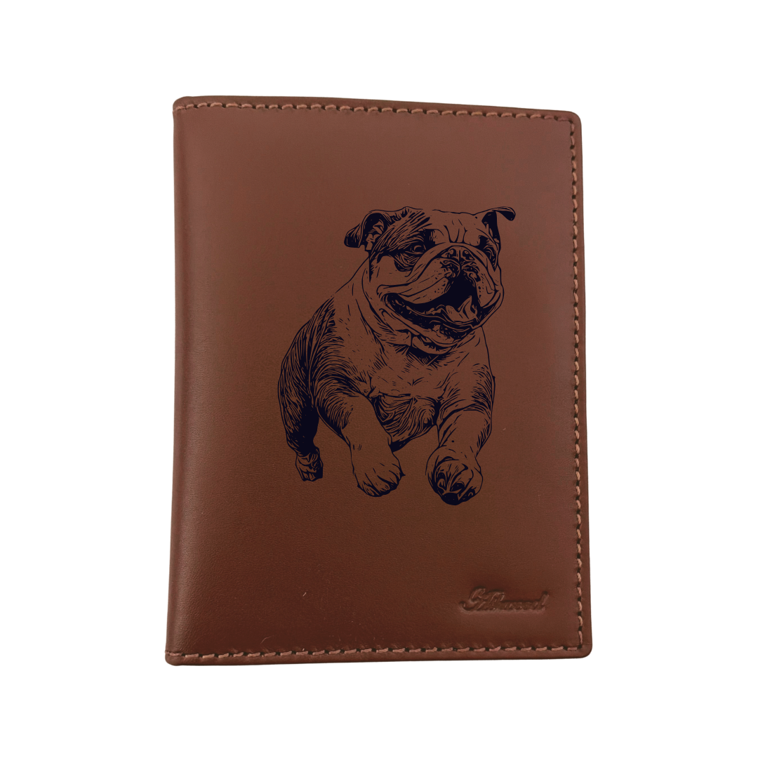 British Bulldog Running Engraved Leather Passport Cover