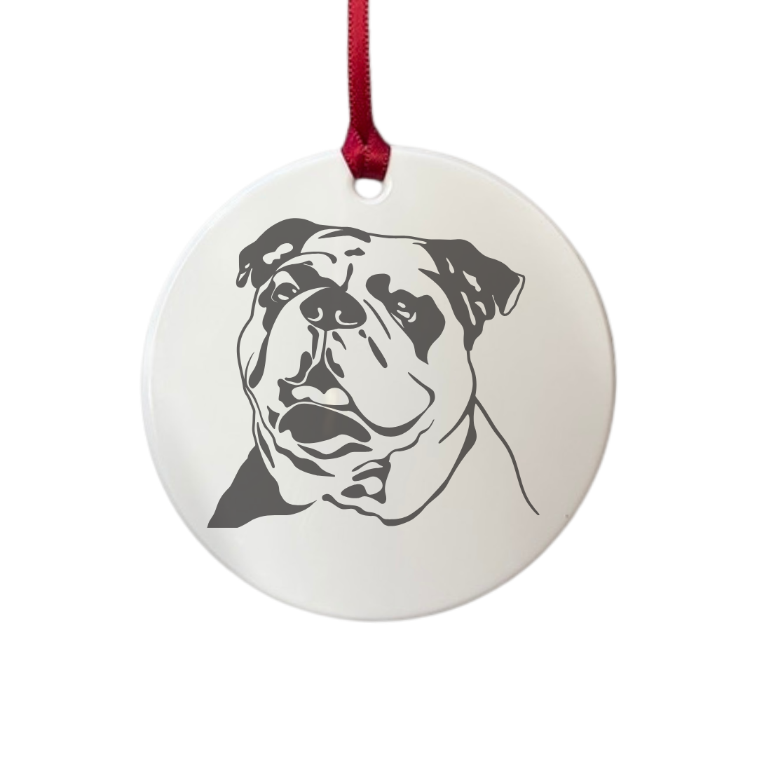 Personalised British Bulldog Face Engraved White Acrylic Decoration