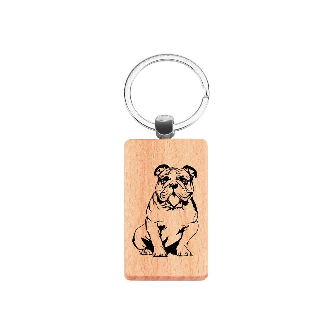 British Bulldog Sitting Engraved Rectangle Wooden Keyring