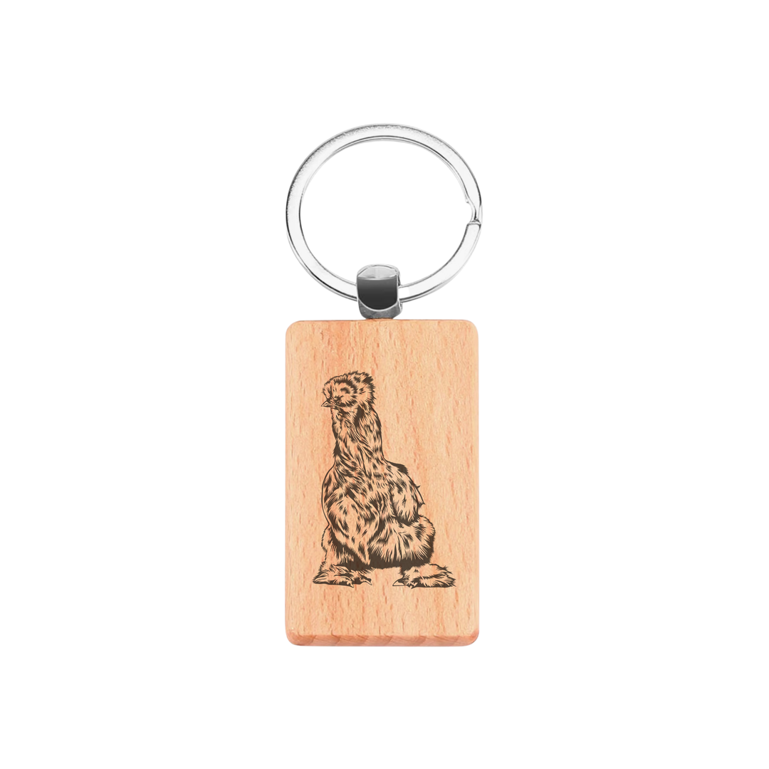 Silkie Chicken Engraved Rectangle Wooden Keyring