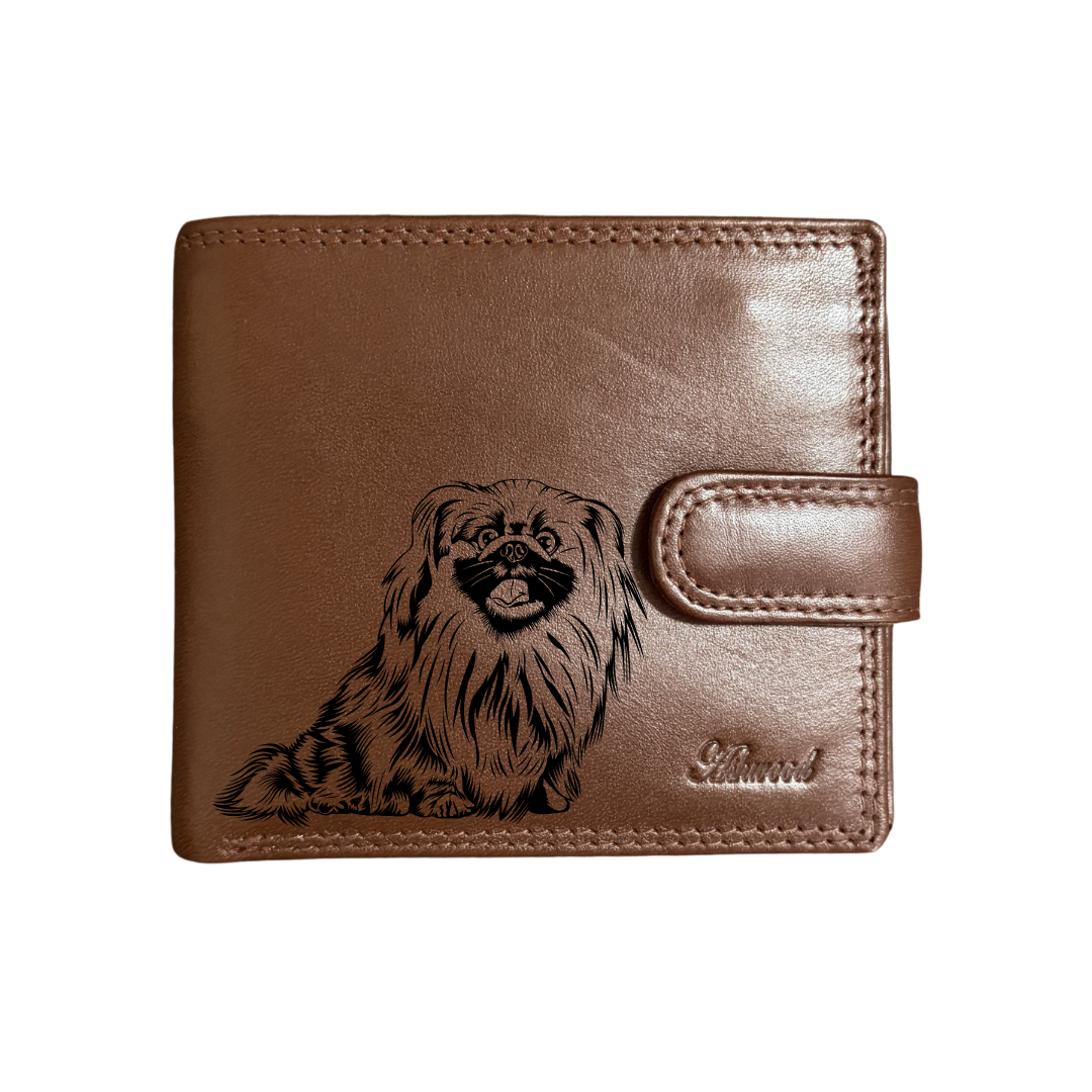 Personalised Pekingese Engraved Dark Tan Genuine Leather Wallet