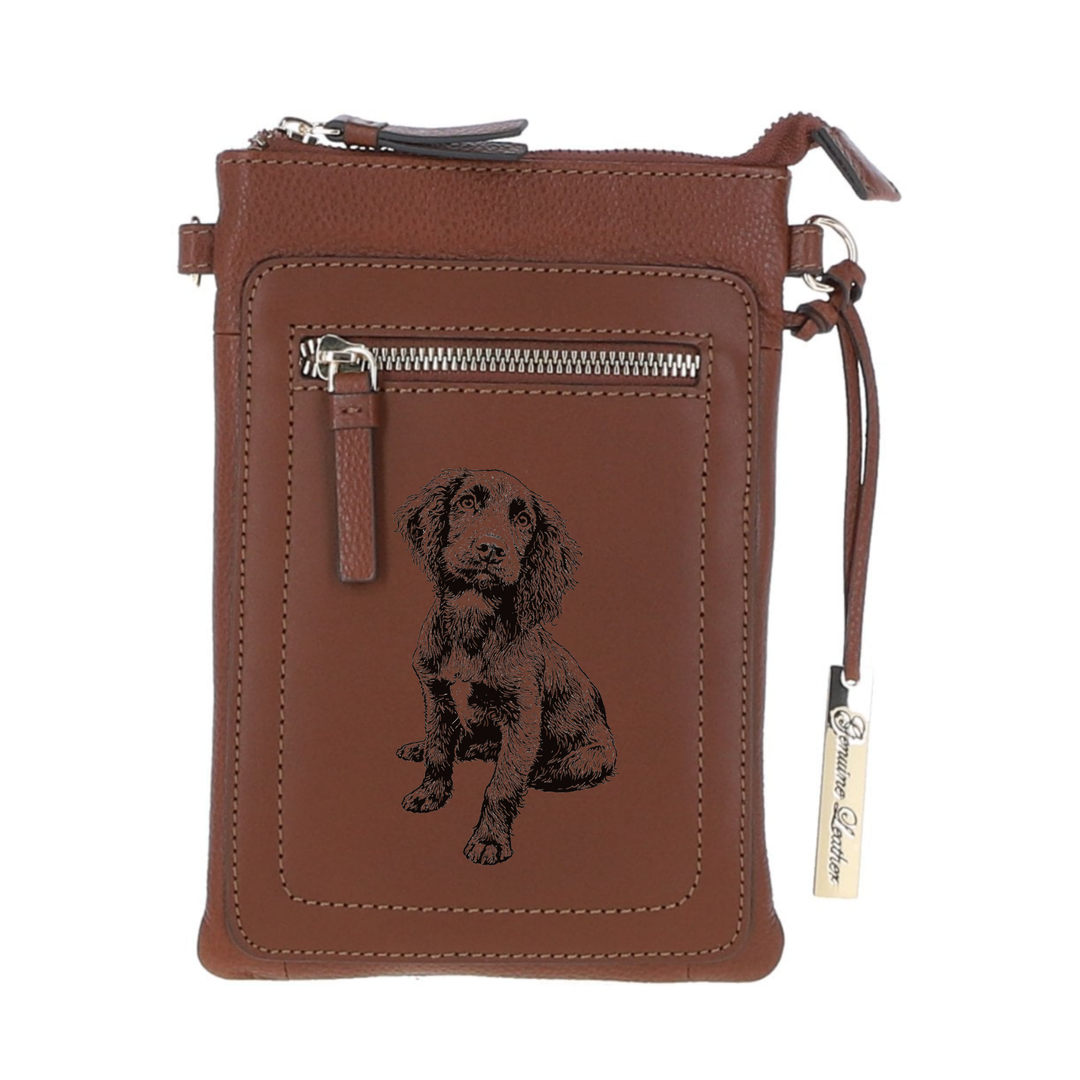 Personalised Working Cocker Spaniel Sitting Engraved Leather Crossbody Smart Phone Bag