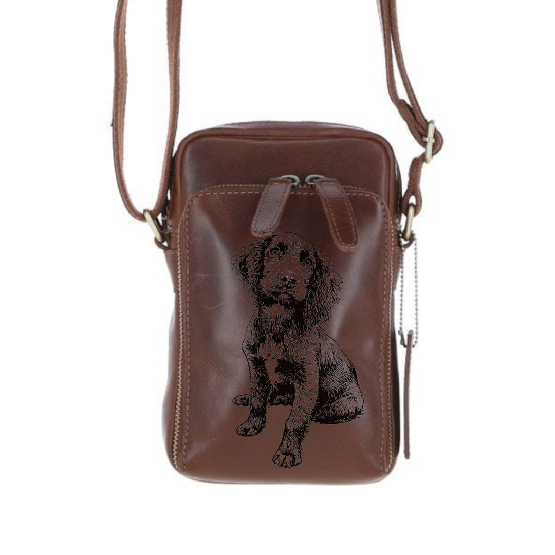 Personalised Working Cocker Spaniel Sitting Leather Compact Crossbody Bag