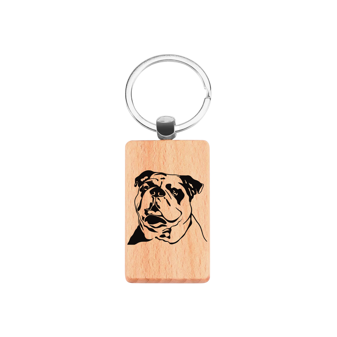 British Bulldog Face Engraved Rectangle Wooden Keyring