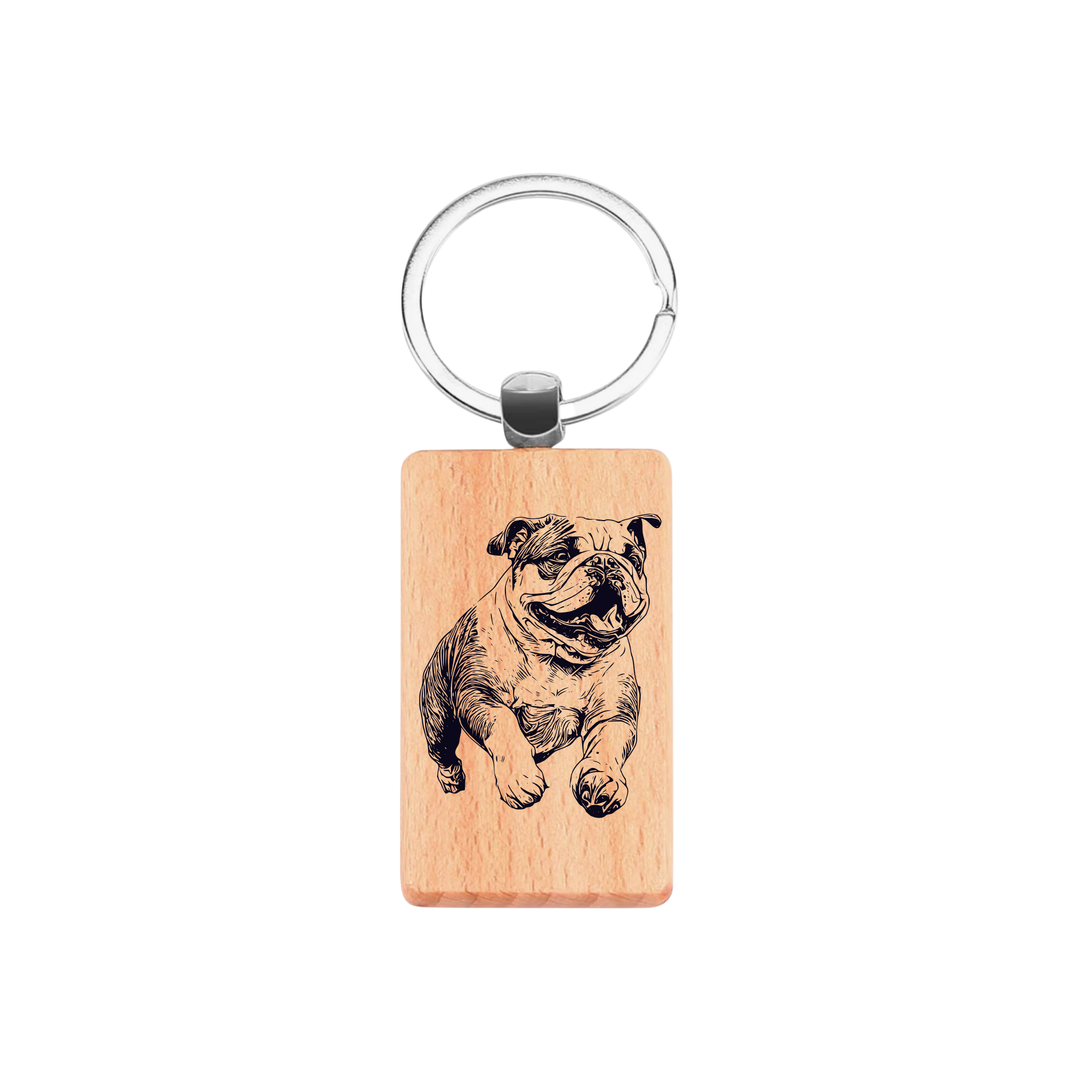 British Bulldog Running Engraved Rectangle Wooden Keyring