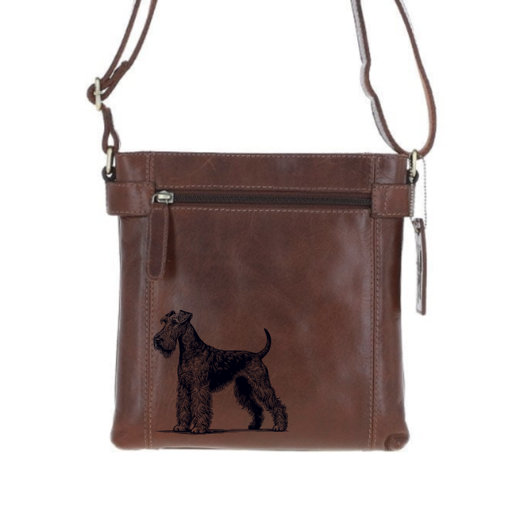 Irish Terrier Standing Engraved Leather Two Section Zip Top Crossbody Bag