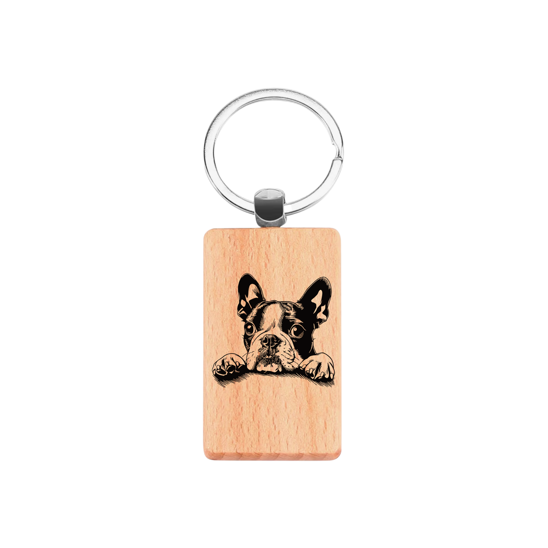 Boston Terrier Paws Engraved Rectangle Wooden Keyring