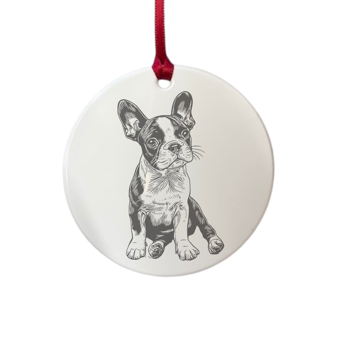 Personalised Boston Terrier Sitting Engraved White Acrylic Decoration