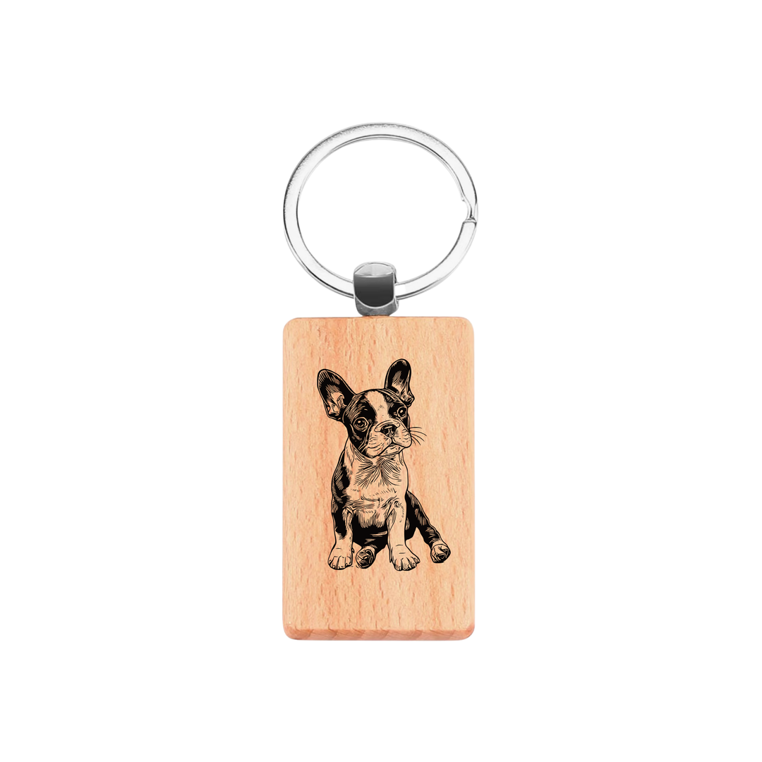 Boston Terrier Sitting Engraved Rectangle Wooden Keyring