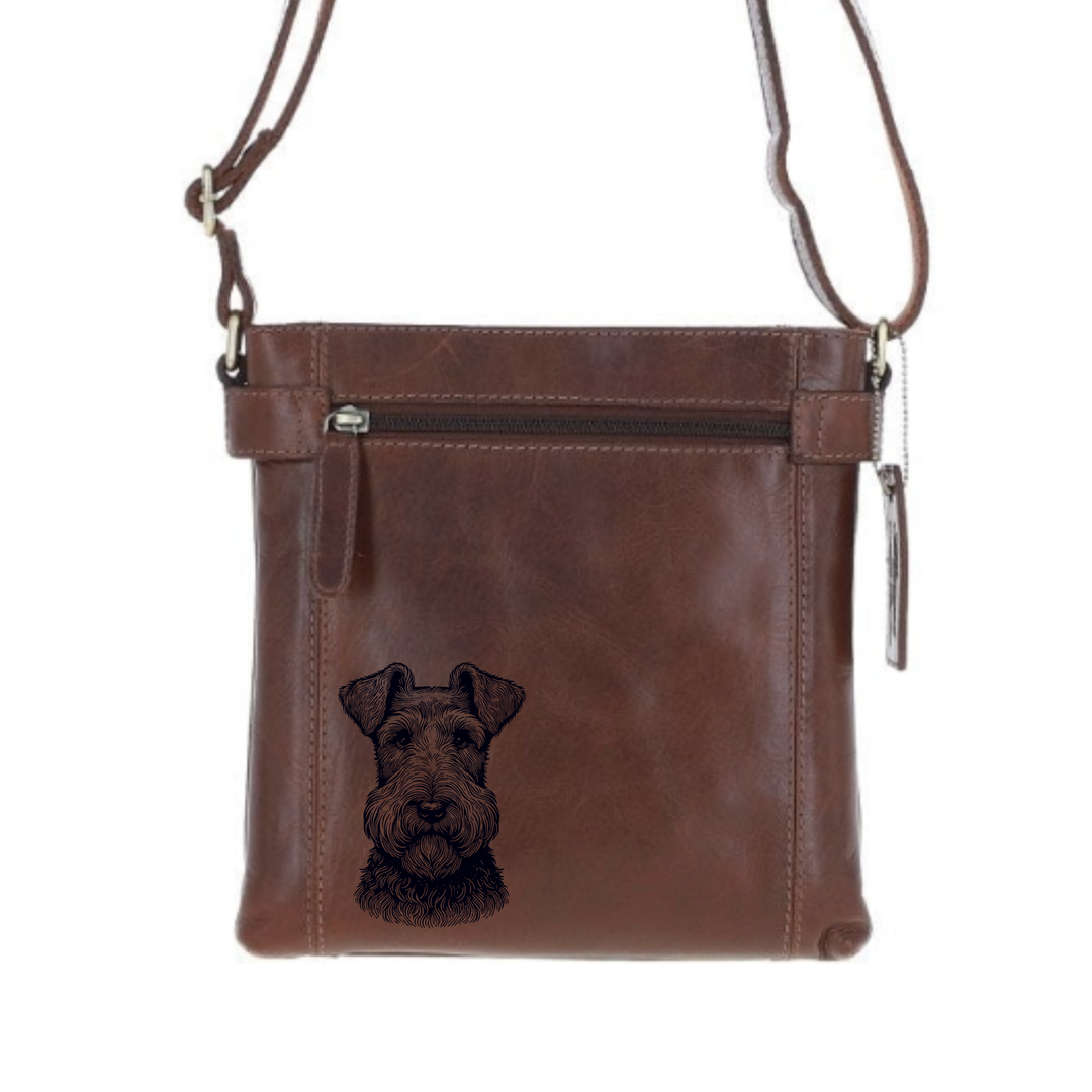 Irish Terrier Face Engraved Leather Two Section Zip Top Crossbody Bag