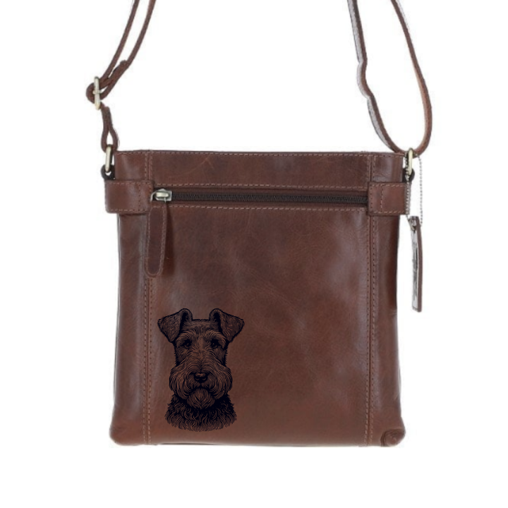 Irish Terrier Face Engraved Leather Two Section Zip Top Crossbody Bag
