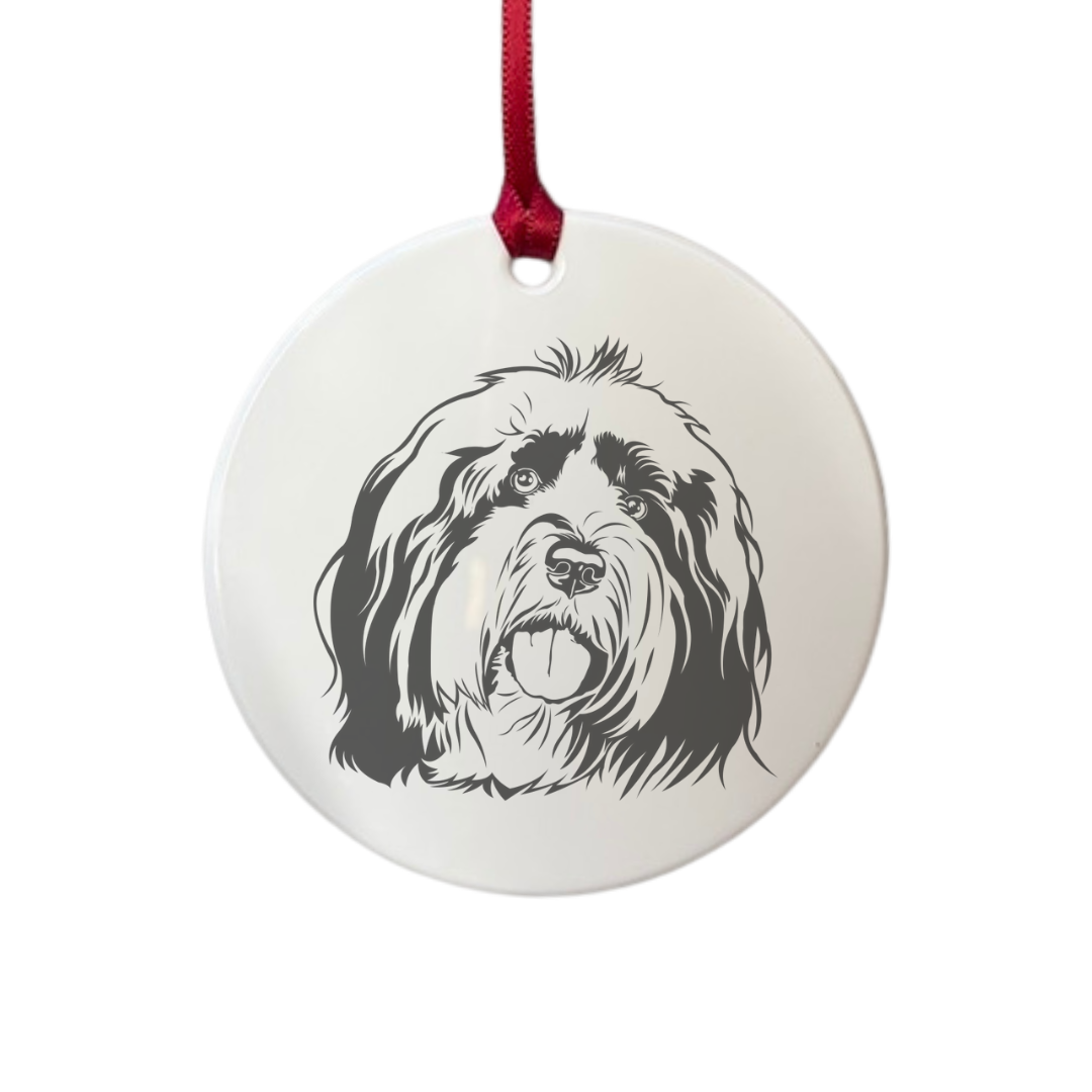 Personalised Tibetan Terrier Face Engraved White Acrylic Decoration