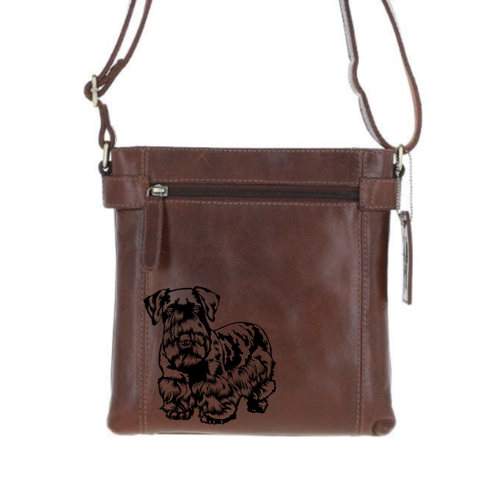 Cesky Terrier Engraved Leather Two Section Zip Top Crossbody Bag