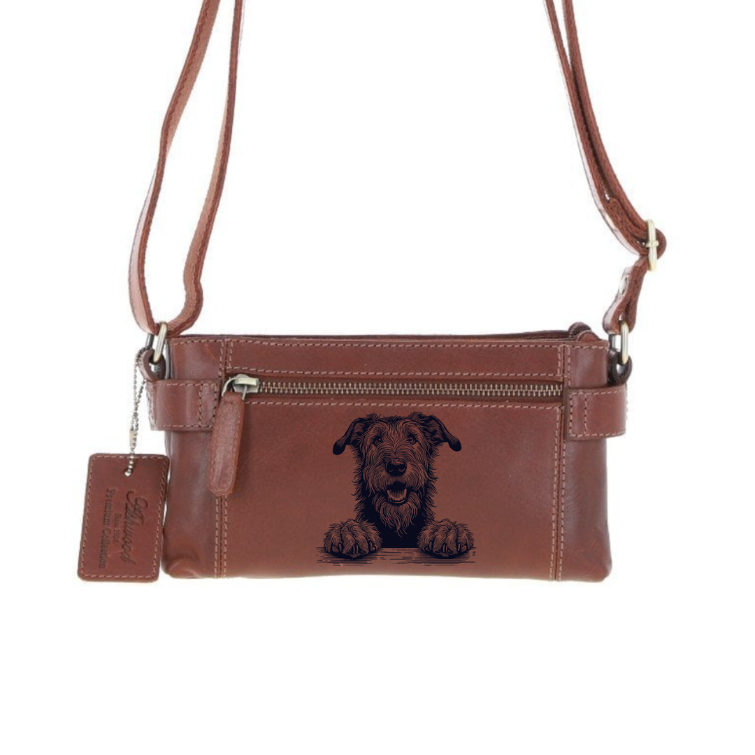 Personalised Irish Wolfhound Paws Engraved Small Leather Two Section Zip Top Crossbody Bag