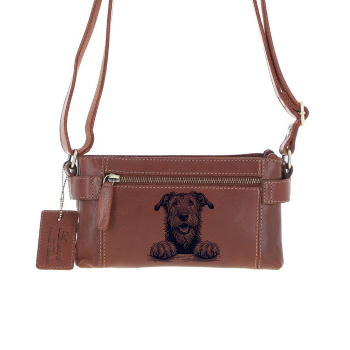 Personalised Irish Wolfhound Paws Engraved Small Leather Two Section Zip Top Crossbody Bag